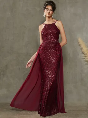 Burgundy Convertible Halter Sequin Floor Length Formal Evening Dress